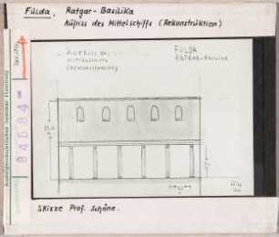 Fulda: Ratgar-Basilika, Aufriss des Mittelschiffs, Rekonstruktion, Skizze Schöne 1960