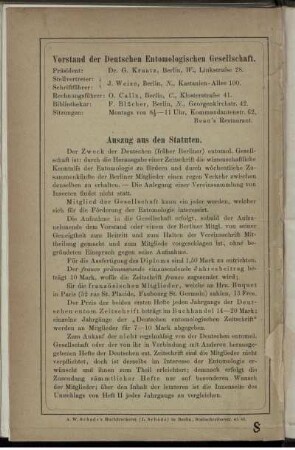 Vorstand der Deutschen Entomologischen Gesellschaft. Auszug aus den Statuten.