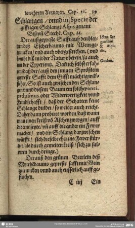 Schlangen, unnd in Specie der gifftigen Schlange[n] Aspis genant Biß un[d] Steche[n]. Cap. 21.
