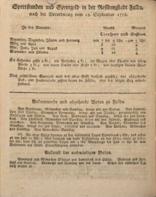 Sperrstunden und Sperrgeld in der Residenzstadt Fulda, nach der Verordnung vom 19. September 1778.