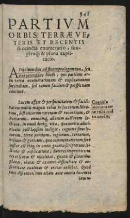 Partium Orbis Terrae Veteris Et Recentis succincta enumeratio, simplexque & plana explicatio.