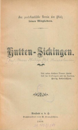 Hutten-Sickingen : Der protestantische Verein der Pfalz seinen Mitgliedern