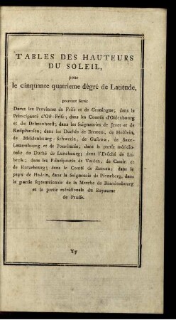 Tables des Hauteurs du Soleil, puor le cinquante quatrieme dégré de Latitude...