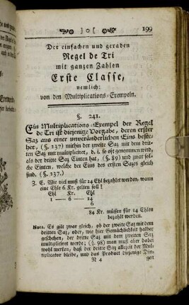 Der einfachen und geraden Regel de Tri mit ganzen Zahlen Erste Classe, nemlich: von den Multiplications-Exempeln.