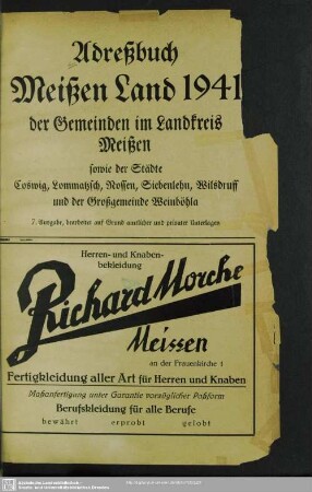 7.1941: Adreßbuch Meißen Land ... der Gemeinden im Landkreis Meißen sowie der Städte Coswig, Lommatzsch, Nossen, Siebenlehn, Wilsdruff und der Großgemeinde Weinböhla