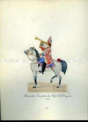 Uniformdarstellung, Grenadier-Trompeter des Leib-Dragoner-Regiments zu Pferd, 1712. Aus: Sammelmappe "Sachsens Militär", Königliche Arsenalsammlung.