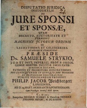 Disputatio Iuridica Inauguralis De Iure Sponsi Et Sponsae