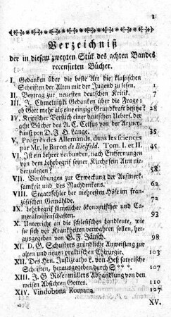 Verzeichniß der in diesem zweyten Stük des achten Bandes recensirten Bücher.