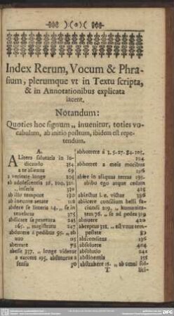 Index Rerum, Vocum & Phrasium, plerumque ut in Textu scripta, & in Annotationibus explicata iacent