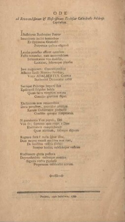 Ode ad Reverendissimum & Illustrissimum Ecclesiae Cathedralis Fuldensis Capitulum.