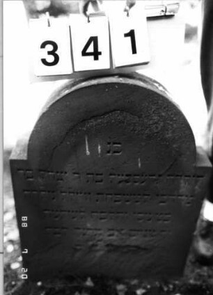Grabstein 341 (Index: 100094674) Material: Sandstein Zustand: unten abgeblättert mit Textverlust Maße HxBxT: 75x50x11 cm Beschreibung: Stele, eingezogener Rundbogenabschluß: Grabstein 341