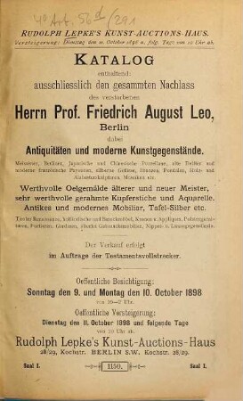 Sammlung von Kunstauctions-Catalogen : Von Rudolph Lepke, 291