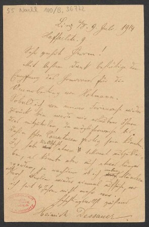 Brief an B. Schott's Söhne : 09.07.1914
