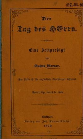 Der Tag des HErrn : Eine Zeitpredigt. [Umschlagtitel.]