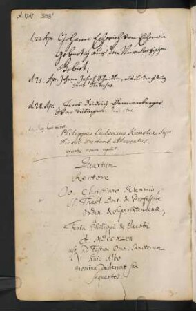 Sommerhalbjahr 1747. Rektorat Johann Christian Klemm