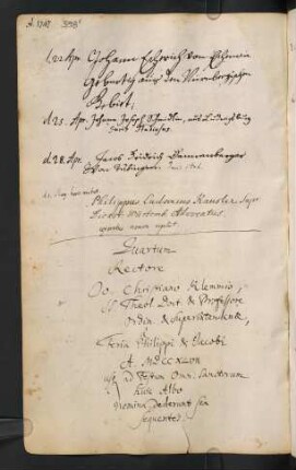 Sommerhalbjahr 1747. Rektorat Johann Christian Klemm
