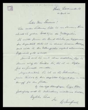 Brief von Hans Georg von Beerfelde an Wilhelm Schwaner