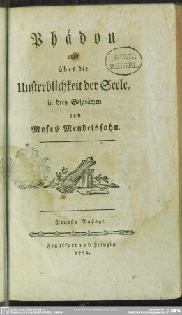 Phädon oder über die Unsterblichkeit der Seele : in drey Gesprächen