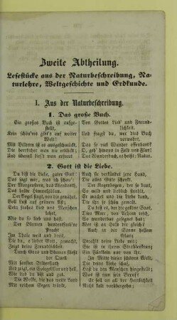 Zweite Abtheilung. Lesestücke aus der Naturbeschreibung, Naturlehre, Weltgeschichte und Erdkunde