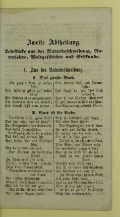 Zweite Abtheilung. Lesestücke aus der Naturbeschreibung, Naturlehre, Weltgeschichte und Erdkunde