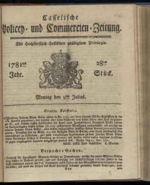 1781tes Jahr. 28tes Stück. Montag den 9ten Julius