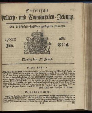 1781tes Jahr. 28tes Stück. Montag den 9ten Julius