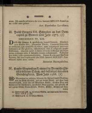 III. Pabst Gregorii XIII. Schreiben an das Domcapitel zu Bremen vom Jahr 1575.