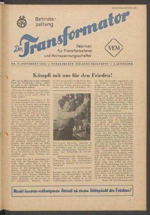 TRO-Betriebszeitung 'Der Transformator'; Nr. 11/1950 (November 1950)