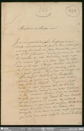 Eigenh. Brief von Eugène Burnouf an August Wilhelm von Schlegel, Paris, 17.04.1839