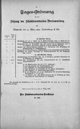 Tages-Ordnung, 16. März 1898