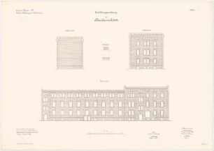 Bekleidungsamt des VII. Armeekorps, Münster: Schneiderwerkstatt: Aufriss Vorderansicht, Giebelansichten 1:100