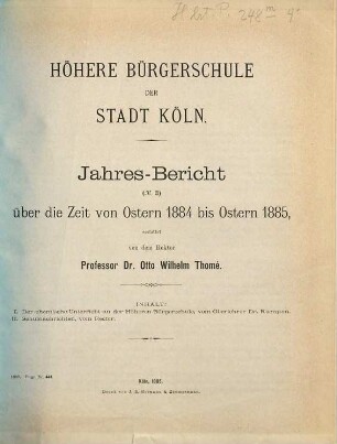 Jahres-Bericht : über die Zeit von Ostern ... bis Ostern .... 1884/85