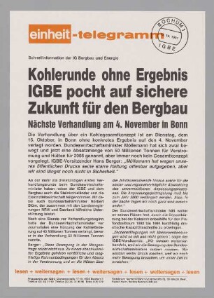 "Kohlerunde ohne Ergebnis. IGBE pocht auf sichere Zukunft für den Bergbau"