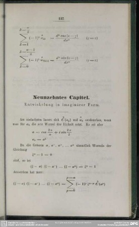 Neunzehntes Capitel. Entwickelung in imaginärer Form