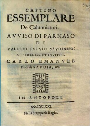 Castigo essemplare de' calunniatori : avviso di Parnaso