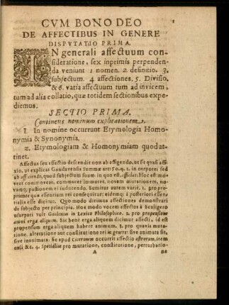De Affectibus In Genere. Disputatio Prima.