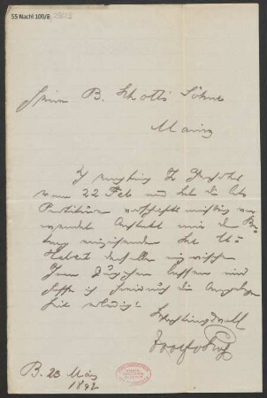 Brief an B. Schott's Söhne : 23.05.1892
