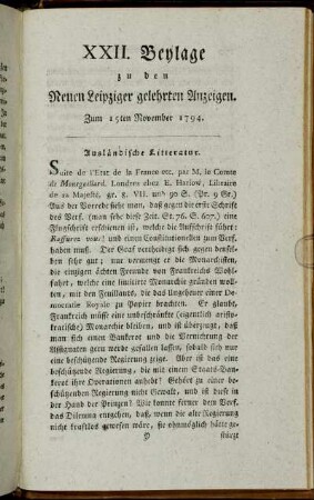 XXII. Beylage zu den Neuen Leipziger gelehrten Anzeigen. Zum 15ten November 1794.