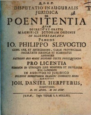 Disputatio inauguralis juridica de poenitentia