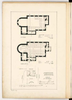 Märkische Dorfkirche Monatskonkurrenz Januar 1905: Lageplan 1:1000; Grundriss Erdgeschoss, Emporengeschoss 1:150; 2 Maßstabsleisten