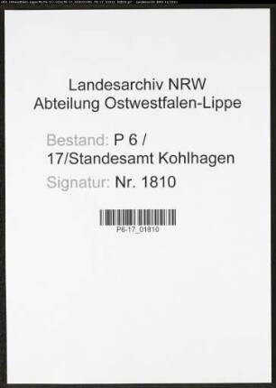 Heiratsregister Standesamt Kohlhagen