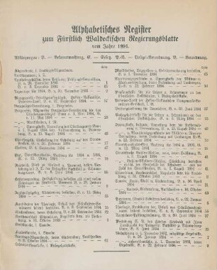 Alphabetisches Register zum Fürstlich Waldeckischen Regierungsblatte vom Jahre 1894