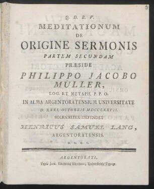 Meditationum De Origine Sermonis Partem Secundam