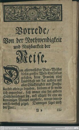 Vorrede, Von der Nothwendigkeit und Nutzbarkeit der Reise