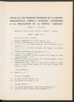 Índice de los primeros números de la revista bibliográfica "Libros y Revistas", anteriores a la publicación de la revista "Amauta"