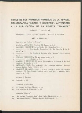 Índice de los primeros números de la revista bibliográfica "Libros y Revistas", anteriores a la publicación de la revista "Amauta"