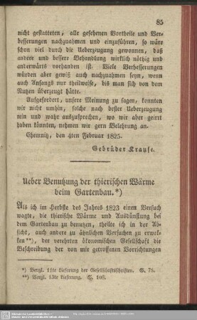 Ueber Benutzung der thierischen Wärme beim Gartenbau
