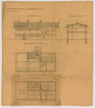 Thiersch, Friedrich von; Moosach bei Glonn; Wirtschaft am Steinsee - Ansicht, Grundriss EG, Grundriss, Querschnitt