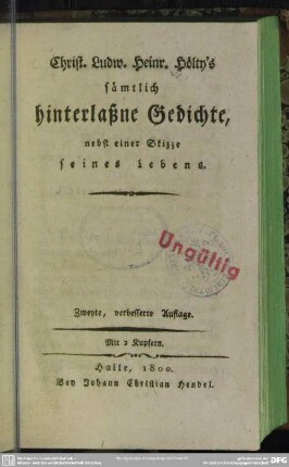 Christ. Ludw. Heinr. Hölty's sämtlich hinterlaßne Gedichte : nebst einer Skizze seines Lebens; Mit 2 Kupfern