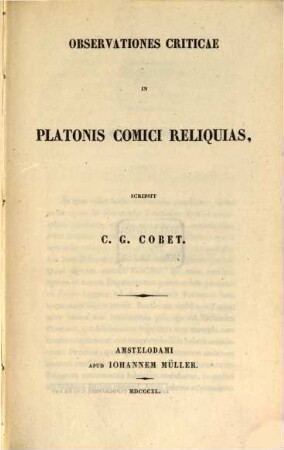 Observationes criticae in Platonis comici reliquias